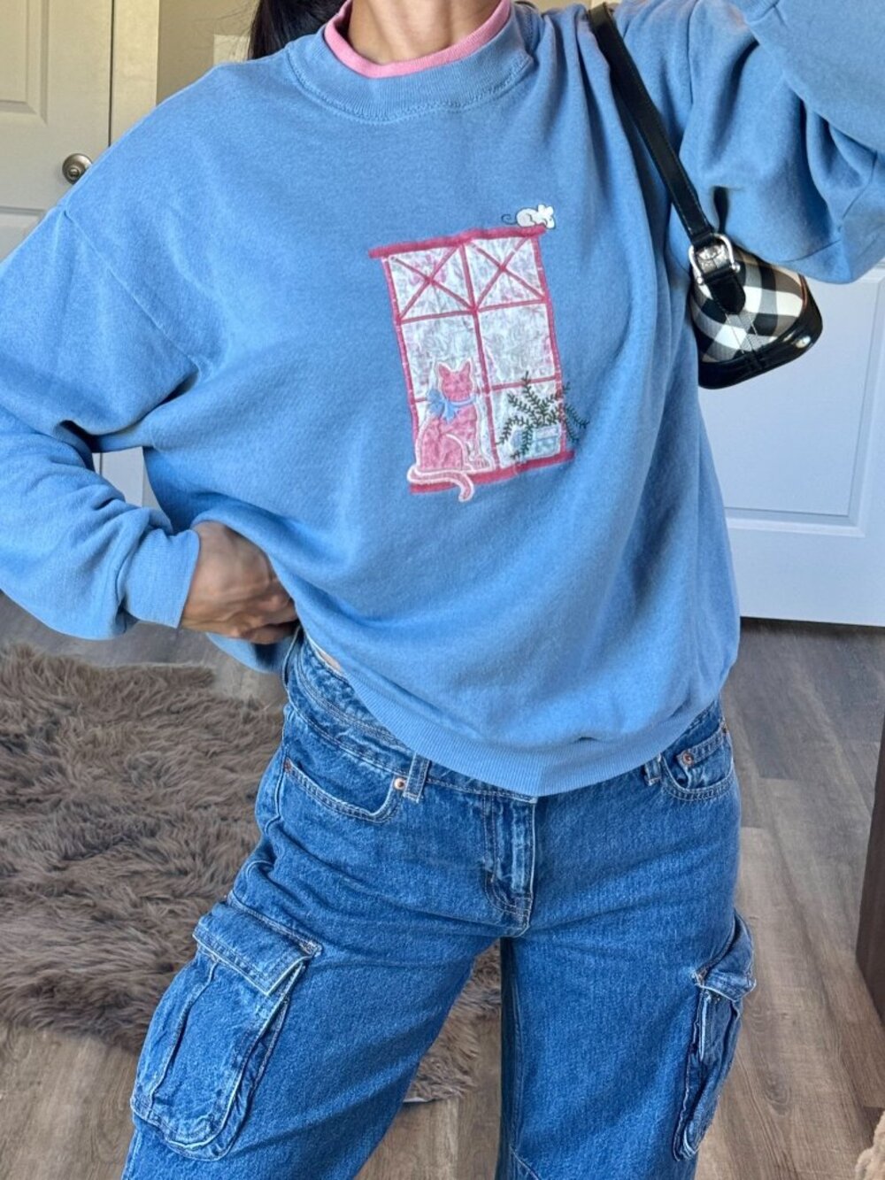 Vintage Gopher Sport Blue Cat Window Sweatshirt Embroidered Cozy 90s Cottagecore